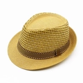 Cappello fedora uomo in paglia intrecciata traforata marrone con nastro a righe - Cachi
