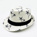 Trama intrecciata di un cappello fedora bianco con stampa di palme e nastro nero decorativo - Bianco Sporco