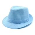Close-up of sky blue woven straw fedora hat texture and matching decorative band - Light Blue