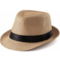 Detalle de la textura tejida y la cinta negra en este sombrero de paja marrón claro - Marrón