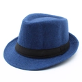 Detailansicht des blauen Wollfilzhuts mit einem klassischen schwarzen Ripsband-Verzier - Einheitsgröße / Blau