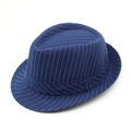 Macro detail of dark blue striped fedora hat showing twill fabric texture and stiff brim - One Size / Navy Blue