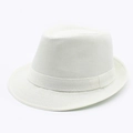Detail of white woven paper straw fedora showing fine grid texture and matching hatband - White