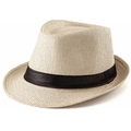 Vista dettagliata della trama in paglia e del nastro di raso nero su questo cappello - Beige