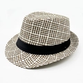 Cappello fedora in paglia con motivo a quadretti marroni e bianchi e nastro nero - Taglia unica / caffè