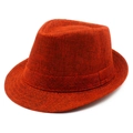 Close-up of the woven texture and matching belt on an orange linen fedora hat - Burgundy