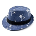 Sombrero de paja azul con estampados de cocoteros y cinta negra para la playa y aire libre - Azul Palmera (SW109)