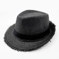 Cappello fedora in paglia nera con bordi sfrangiati e nastro in raso protettivo - Taglia unica / Nero