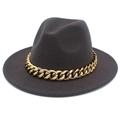 Close-up of dark grey wool fedora hat featuring a chunky decorative gold metal chain - One Size / Dark Gray