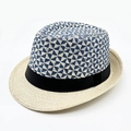Cappello di paglia a trama geometrica blu con nastro nero e tesa beige chiaro - Taglia unica / Blu
