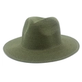 Detailed texture of dark green woven straw panama hat with wide brim and crown crease - One Size / Army Green