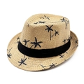 Sombrero fedora de paja con estampados de palmeras negras y una cinta decorativa elegante - Café Palmera (SW109)
