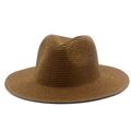 Classic dark brown woven straw fedora hat with flat brim for beach sun protection - One Size / Coffee