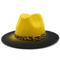 Detalle de sombrero fedora de fieltro degradado amarillo y negro con banda de leopardo - Amarillo Negro