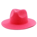 Detail of fuchsia woven sun hat showing fine straw texture and classic fedora crown - One Size / Rose Red
