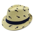 Sombrero de paja Panamá con estampado de peces azules y cinta para protección solar - Caqui