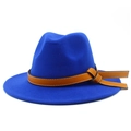 Royalblauer Woll-Fedora-Hut mit braunem Lederband mit Schnalle für Damen und Herren - Einheitsgröße / Saphirblau