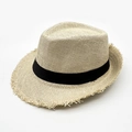 Cappello fedora in paglia beige traspirante con nastro nero e bordo sfrangiato retrò - Taglia unica / Beige