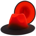 Detailed view of red and black ombre fedora hat featuring flat brim and felt texture - Red Black Ombre (10#)