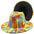 Detail of colorful abstract graffiti pattern and black lining on wide brim fedora hat - Multicolor Abstract Camouflage Pattern (FT103)