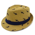 Sombrero de paja para niños con estampados de tiburones azules y cinta azul marino - Café