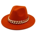 Detail of orange wool felt flat brim fedora hat with decorative thick gold metal chain - One Size / Dark Orange