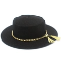 Detail of black straw boater hat with gold chain, white pearls and yellow tassels decor - Black