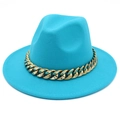 Detail of the turquoise fedora hat with a decorative gold Cuban chain on the band - One Size / Sky Blue
