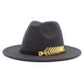 Detail view of dark grey fedora hat featuring an elegant golden metal feather accessory - Dark Gray