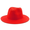 Detailed view of bright red straw Fedora hat with intricate spiral woven texture and brim - One Size / Red
