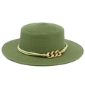 Detail of olive green boater hat featuring gold chain link and cream rope decoration - Grass Green