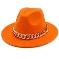 Detailed view of a bright orange fedora hat featuring a stylish thick gold chain decoration - One Size / Orange