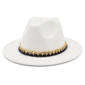 Chapeau fedora blanc élégant avec chaîne dorée et ruban noir pour hommes et femmes - Taille unique / Blanc