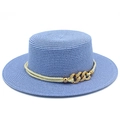Detail of light blue straw boater hat with ivory woven rope and gold metal chain accents - Light Blue