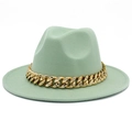 Close-up of mint green wool fedora hat featuring a chunky gold chain band detail - One Size / Mint Green