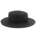 Classic black woven boater straw hat with flat top and wide brim for summer beach sun protection - One Size / Black
