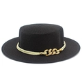 Detail of woven texture on black boater hat with gold chain and cream rope trim - Black