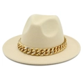 Detail of beige wool fedora hat featuring a chunky gold chain and classic pinched crown - One Size / Beige