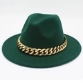 Detail of dark green wool fedora with a polished chunky gold metal chain link band - One Size / Dark Green