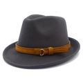 Detailed view of dark grey wool felt fedora with brown belt and golden metal buckle - Dark Gray