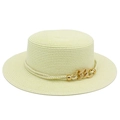 Detail of woven sun hat featuring gold chain with rhinestones and decorative metal beads - Off White