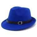 Klassischer königsblauer Wollfedora mit schwarzem Lederband und Silberschnalle für Unisex - Einheitsgröße / Königsblau