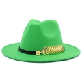 Close-up of green fedora hat featuring black leather band and gold feather metal accessory - Grass Green