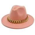 Close-up of light pink wool fedora hat featuring a chunky gold metal chain link - One Size / Flesh Pink
