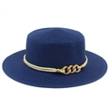 Detailed view of navy blue straw sun hat featuring ivory cord and golden metal buckle details - Dark Blue