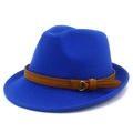 Royal blue wool fedora hat with dark brown suede band and golden metal buckle for winter - Sapphire Blue