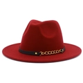 Burgundy wool felt fedora hat with flat brim and black leather gold chain decorative band - Burgundy