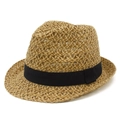 Sombrero de sol clásico de lino tejido para la playa con cinta negra y detalle - Cinta de Madera Natural (SW163)