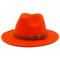 Close-up of bright orange wool fedora featuring a brown suede band and gold metal buckle - One Size / Orange Red
