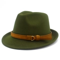 Detail of dark green wool fedora hat with brown faux suede belt and gold metal buckle - Army Green
